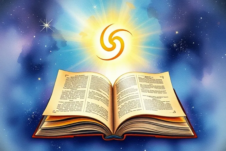 Watercolor painting of a Jupiter symbol radiating light over an open book