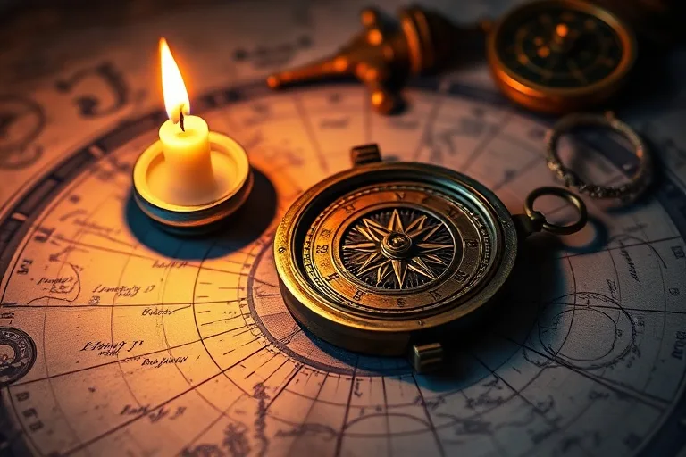 An ancient, weathered bronze compass resting on a map of constellations, a single, flickering candle illuminating the scene, a small, intricate sundial nearby, dramatic shadows, rich textures, deep blues and golds.