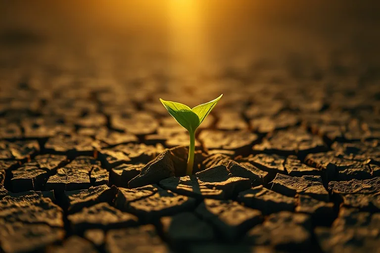 Conceptual art of a vibrant green sprout pushing through cracked, dry earth, illuminated by a focused light beam, symbolizing growth and harnessed energy.