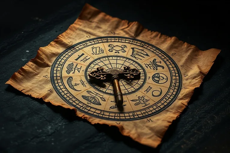 An antique, weathered scroll unrolling to reveal intricate, faded astrological symbols and an ancient, worn key resting upon it, suggesting forgotten knowledge and karmic unlockings.