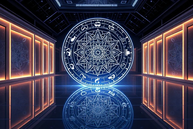 A stylized, glowing holographic projection of a complex natal chart, with interconnected lines and planetary symbols, floating above a reflective surface in a minimalist, futuristic setting.