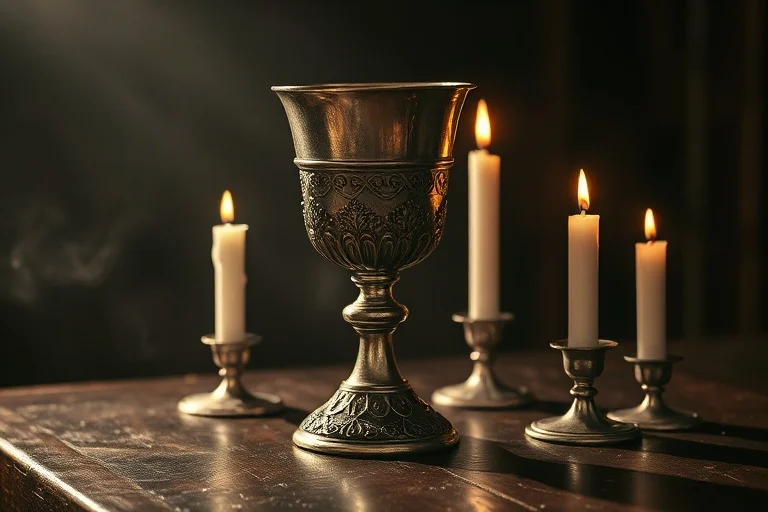 Still-life photograph of an ancient silver chalice and unlit candles on a dark wooden altar.