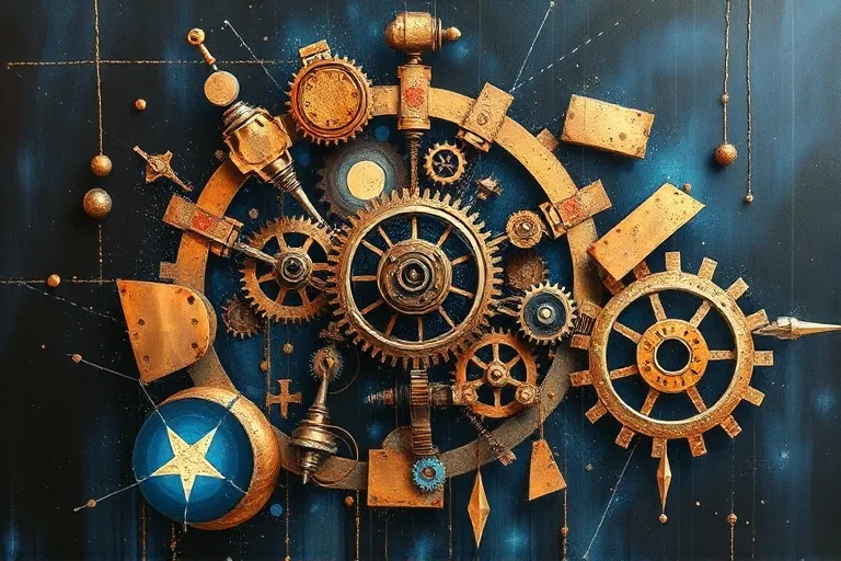 Abstract oil painting of fragmented, interlocking gears and cogs in bronze, copper, and blue.