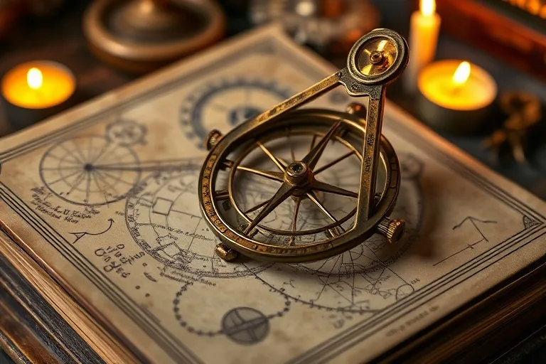 Vintage photograph of an antique brass astrolabe resting on a leather-bound book of celestial maps, illuminated by soft candlelight, with dusty parchment, captured in a macro shot to highlight rich textures.