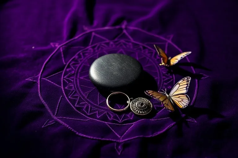Conceptual art piece featuring symbolic items: a polished stone for focus, a silver ring for partnership, a miniature shield for wisdom, and a delicate butterfly for the soul, arranged on a velvet cloth with dramatic lighting and deep shadows.