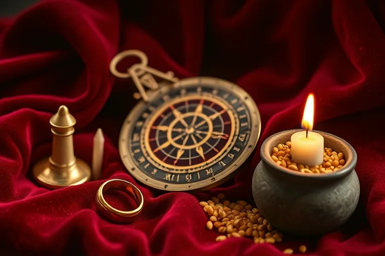 Vintage photographic still life featuring an antique brass astrolabe on velvet, surrounded by symbolic artifacts: a golden ring for commitment, a miniature chess piece for strategy, a lit candle for sacred devotion, and a ceramic bowl of grain for nurturing, all bathed in soft, diffused light, evoking a historical and intricate feel.