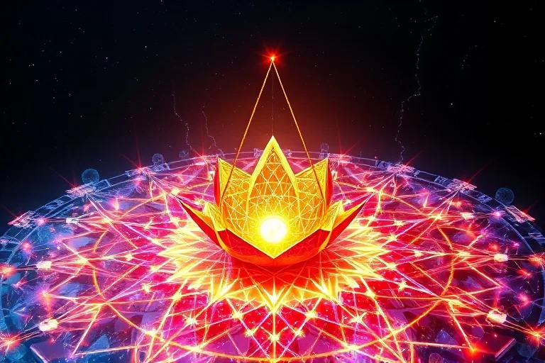 3D render of a stylized, glowing cosmic seed sprouting from a crystalline geometric pattern, surrounded by ethereal energy fields, with subtle representations of scales for justice, a hearth for devotion, and a cornucopia for nurturing integrated into the design, depicted in a futuristic, conceptual, and vibrant style with a macro shot perspective.