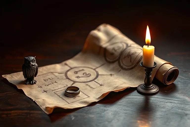 Cinematic still life of a weathered, ancient scroll unrolling to reveal intricate geometric patterns and a single, flickering candle casting a warm glow. Nearby, a small, stylized owl figurine sits beside a silver ring, all resting on a dark, polished wooden surface with subtle reflections. The scene evokes wisdom, devotion, and partnership.