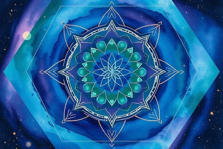 Abstract watercolor painting depicting swirling hues of deep blues, purples, and greens, with subtle golden flecks. The composition suggests the flow of cosmic energy and the interconnectedness of celestial influences, without any discernible objects or figures, focusing purely on atmospheric depth and color blending.