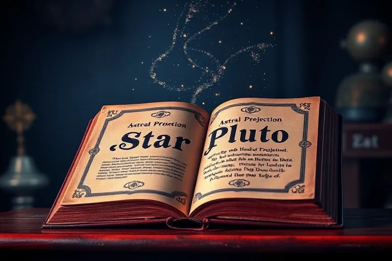 An ancient, leather-bound book titled 'Journeys Beyond' open on a weathered wooden table, next to a flickering candle, a crystal ball, and a compass.