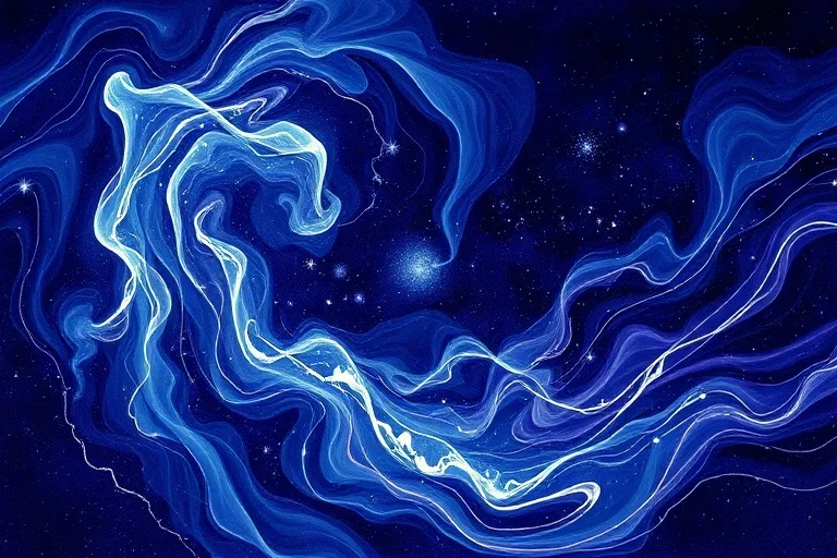 Abstract swirling patterns of light and shadow, representing the dissolution of physical boundaries, with flowing lines suggesting movement and expansion, deep blues and purples.