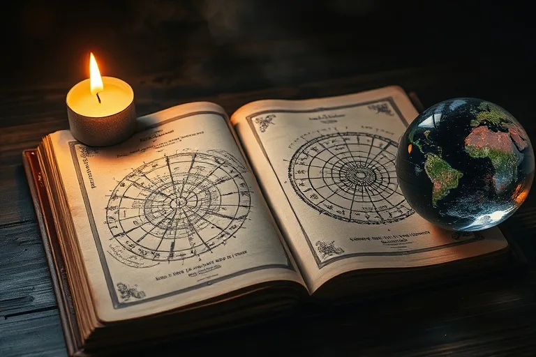Antique journal with diagrams of energy fields and celestial maps, flickering candle, crystal ball reflecting nebula.