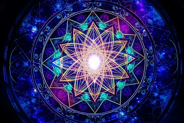 Intertwined strands of light forming complex geometric patterns, representing energetic connections between consciousness and the universe.