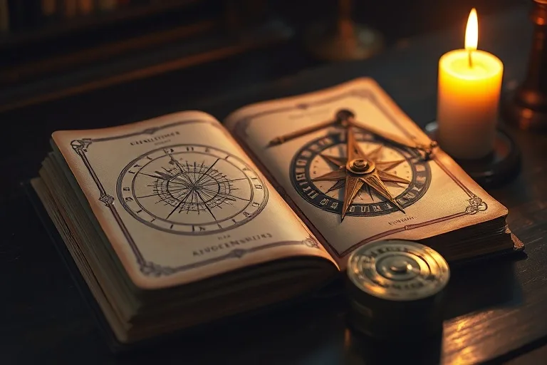 Vintage journal with esoteric diagrams, astrolabe, and candle on a wooden desk.