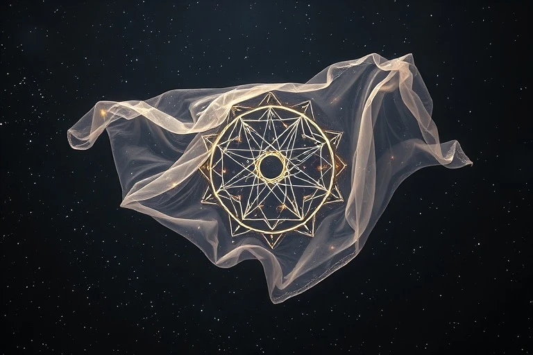 Translucent veil with geometric patterns floating in dark cosmic space.