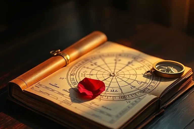 A cinematic still life photograph of an antique astrological text open to an astro-cartography chart, with a vintage compass and a delicate rose petal, symbolizing discovery and romance.