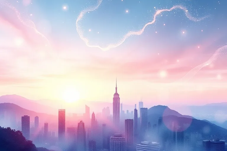 A watercolor painting depicting an abstract landscape where vibrant, flowing rivers of light converge over a serene city skyline at dawn, symbolizing harmony and new beginnings influenced by cosmic energy.
