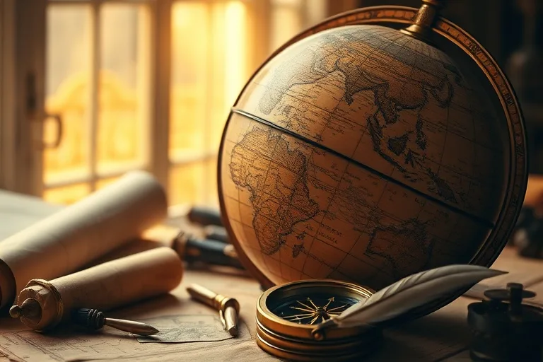 Antique globe with maps and compass