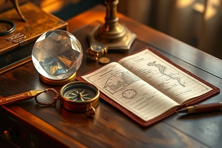 Cinematic still life photography of a meticulously arranged desk with a crystal, compass, and planner, suggesting optimized workflow and tranquility.