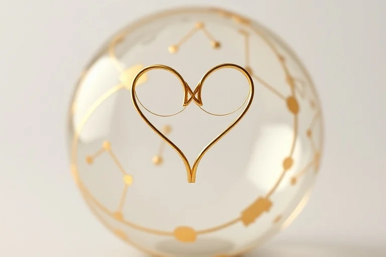 Two intertwined golden threads forming a heart shape, stretching across a stylized globe, with subtle astrological symbols embedded. Clean, minimalist aesthetic.