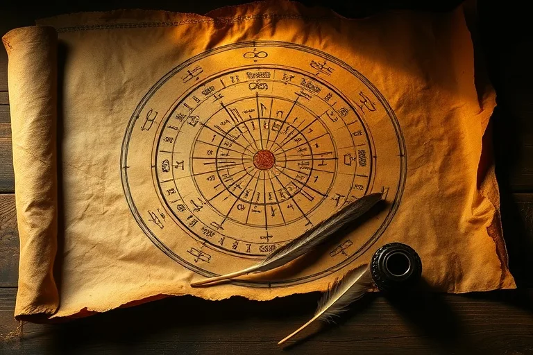 An ancient, weathered parchment scroll depicting a detailed astrocartography chart, with significant relationship lines highlighted in vibrant colors. A quill and inkwell rest beside it, evoking a sense of discovery and historical wisdom.