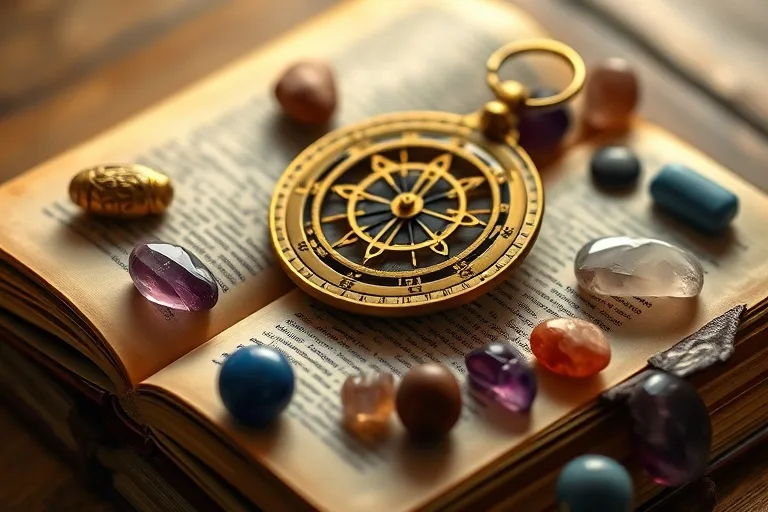 Antique brass astrolabe on an open book, surrounded by polished stones, symbolizing astrological measurement and harmonious planetary energies.