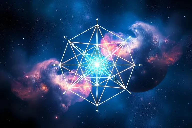 Abstract cosmic dust and nebulae, with shimmering lines forming intersecting geometric shapes, symbolizing unseen forces and the need for integration.
