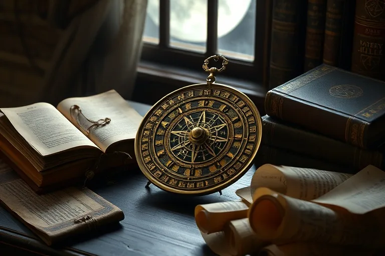 Still life photography of a vintage brass astrolabe on an antique wooden desk, surrounded by old astrology books and parchment, illuminated by moonlight.