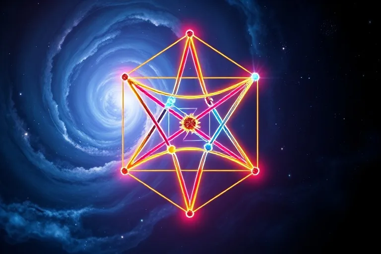 Conceptual art of three glowing, intertwined threads of red, blue, and yellow light forming a tense geometric pattern against a swirling nebula, with abstract cosmic dust.