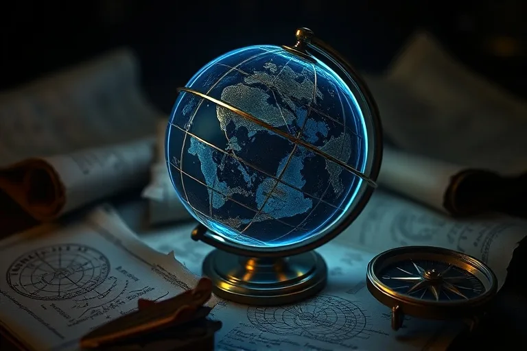 Still-life photograph of an antique celestial globe with glowing lines depicting a Grand Cross pattern, surrounded by old parchment scrolls and an ancient compass, under dramatic lighting.
