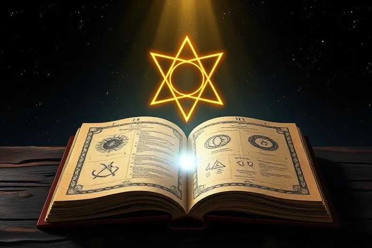 3D rendered conceptual art of a shimmering Yod aspect pattern as a focused beam of light descending onto an open book of astrological symbols, with an ethereal glow.