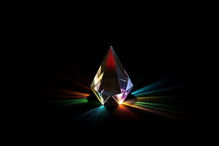 Cinematic photograph of a single, illuminated crystal prism refracting light into multiple distinct color bands onto a dark, textured surface, creating a visual metaphor for the multifaceted nature of personality and hidden astrological influences.