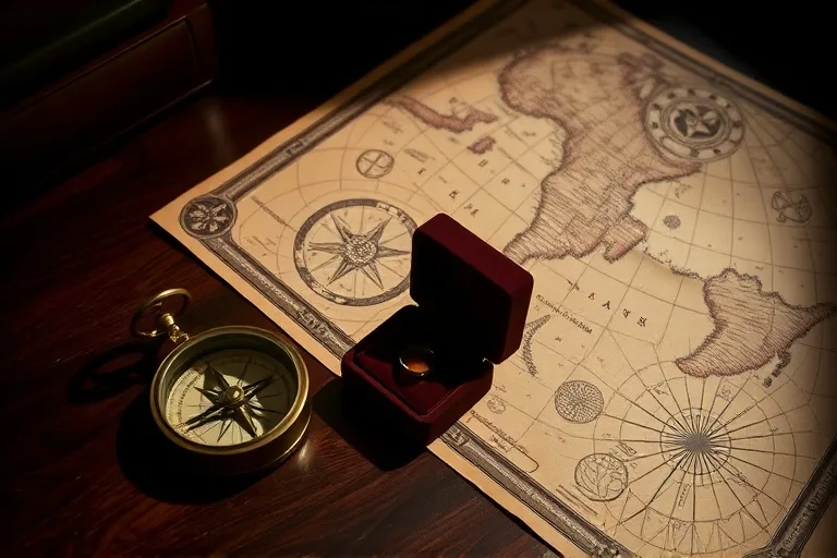 Cinematic still life of a vintage compass, wedding ring box, and antique map, representing significant life transitions and planning.