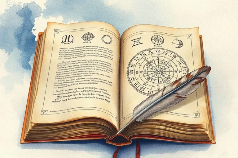 Watercolor painting of an open astrological text with planetary symbols and a quill, symbolizing the wisdom of cosmic timing.