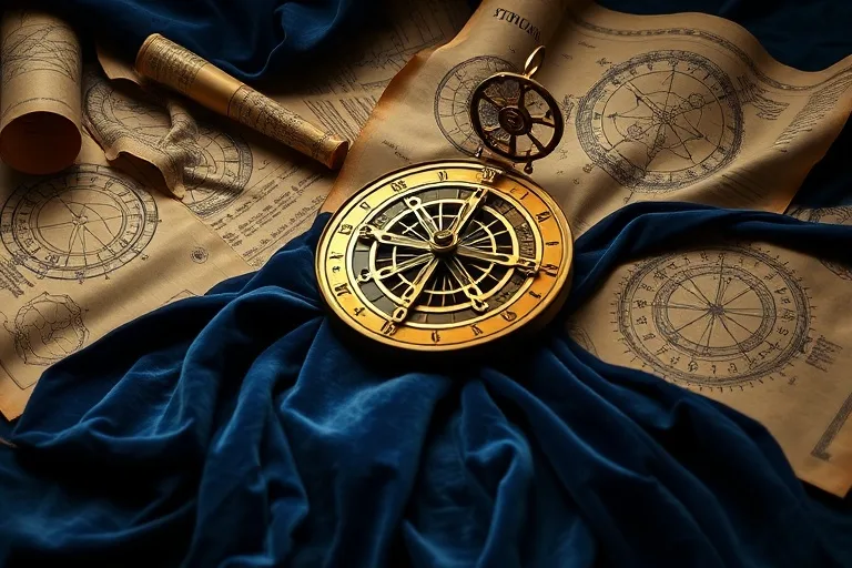 Cinematic still life of an ancient astrolabe on velvet, surrounded by astrological charts and illuminated by ethereal light.