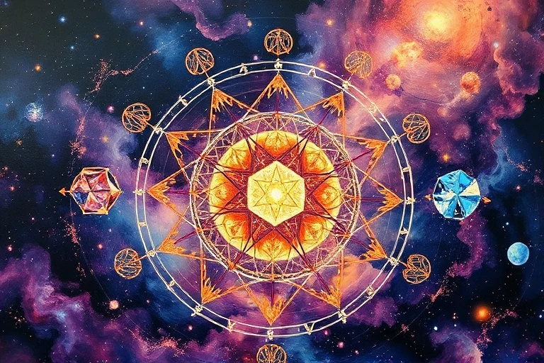 Conceptual art painting of interconnected geometric shapes and swirling nebulae, symbolizing the interwoven nature of life's spheres.