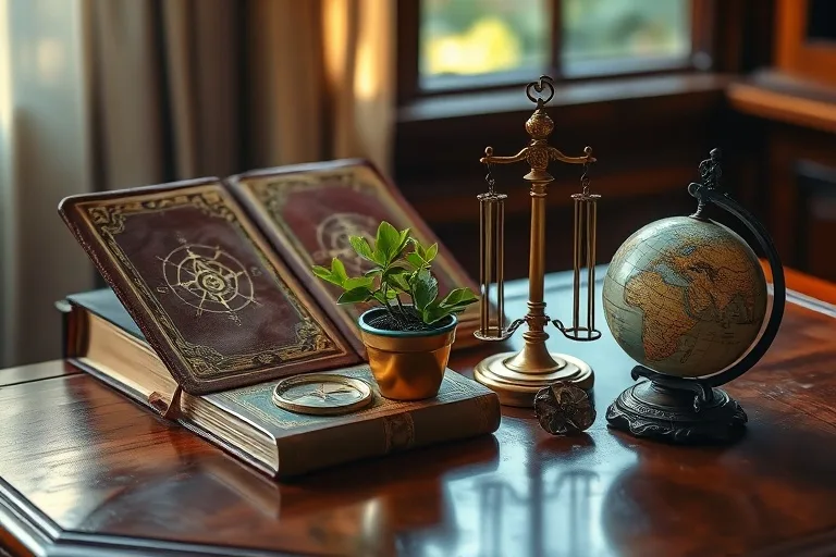 Still-life photograph of symbolic objects representing life areas: a globe, book, scale, plant, and compass on an antique desk.