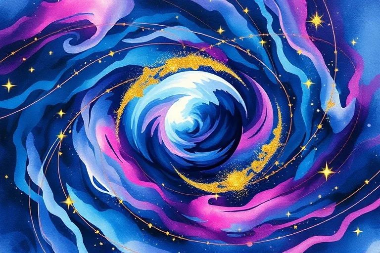 Abstract watercolor painting with swirling cosmic colors suggesting interconnectedness, transformation, and hidden depths.