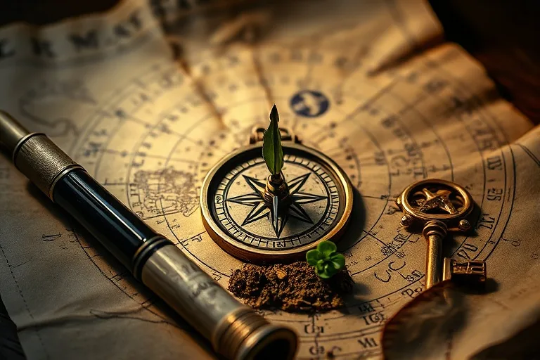 Still-life photography of a weathered compass pointing north on an antique map, surrounded by a quill pen, a fresh sprout pushing through cracked earth, and a small, ornate key, with dramatic lighting.