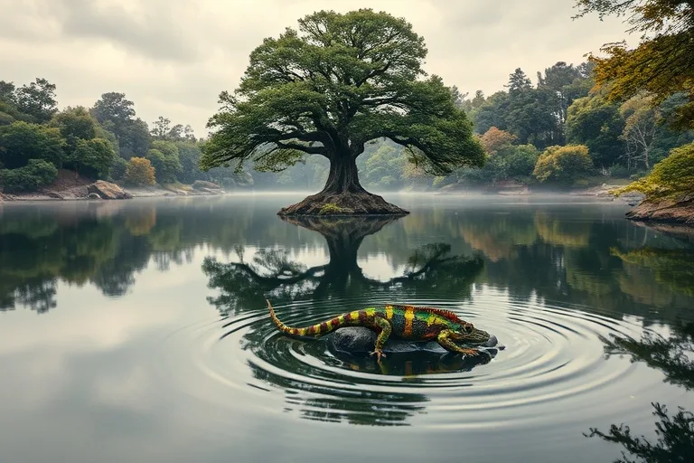 Conceptual art depicting a serene, still pond reflecting a sturdy oak tree on one side, and on the other, ripples spreading from a dropped pebble, with a chameleon blending into changing foliage, under soft, diffused light.