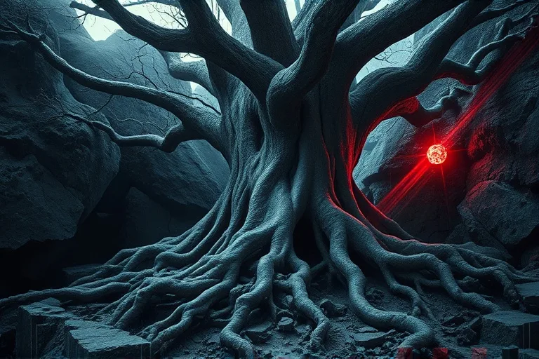 An ancient oak tree with roots struggling against rocky terrain, symbolizing resilience and growth.