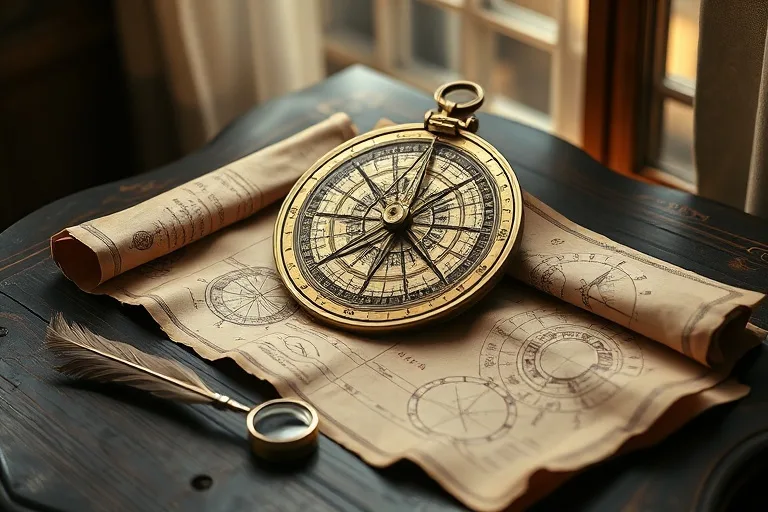 Vintage photograph of an antique astrolabe on a wooden desk with old star charts, symbolizing the historical study of celestial movements.