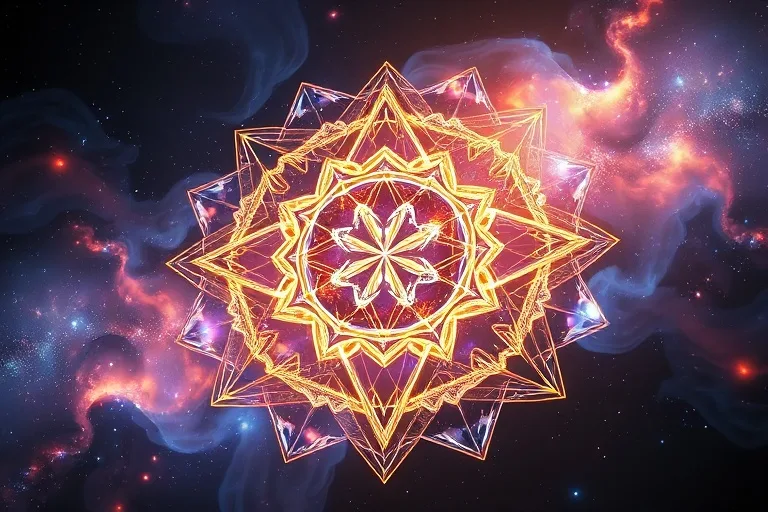 Conceptual 3D render of interlocking geometric shapes and glowing energy currents, representing cosmic influence and personal transformation.