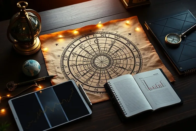 Ancient astrological charts and modern business plans on a desk, symbolizing the integration of cosmic wisdom and strategic planning.