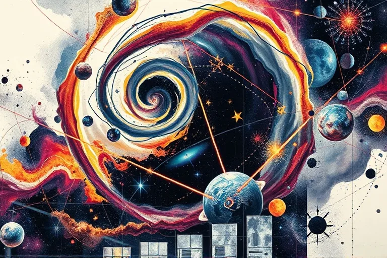 Abstract painting of celestial bodies merging with geometric business patterns, representing innovation and growth through cosmic insights.