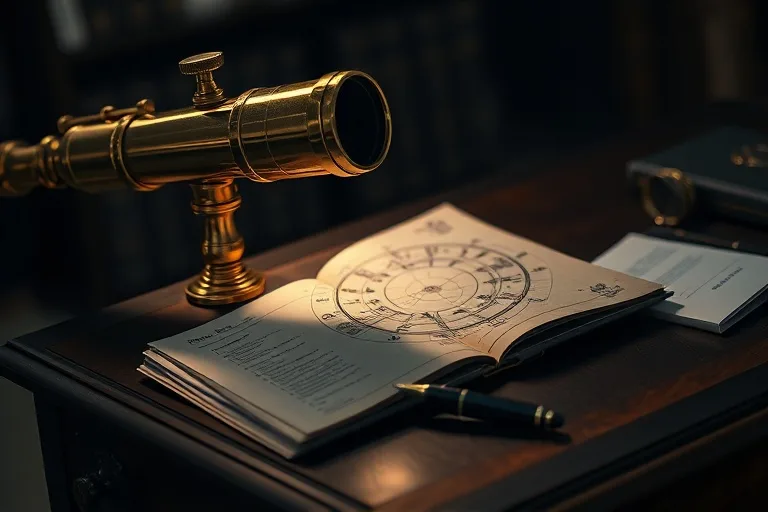 Cinematic still life of a vintage telescope pointing at a star chart on an antique desk with business documents.