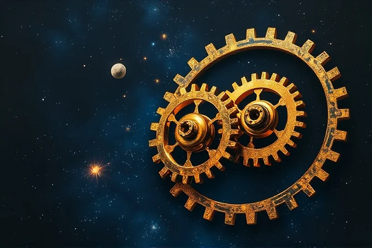 Abstract conceptual art of interlocking gears made of celestial bodies in deep blue and gold.