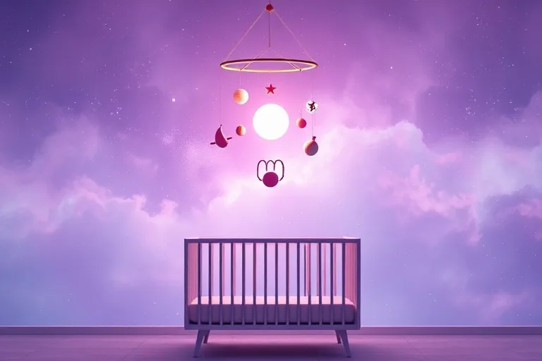 Nurturing Cosmic Potential in Childhood Abstract 3D digital illustration of a cosmic nursery mobile with stylized, glowing planets and simplified zodiac symbols, hanging over a minimalist crib, against a backdrop of soft, pastel nebulae.