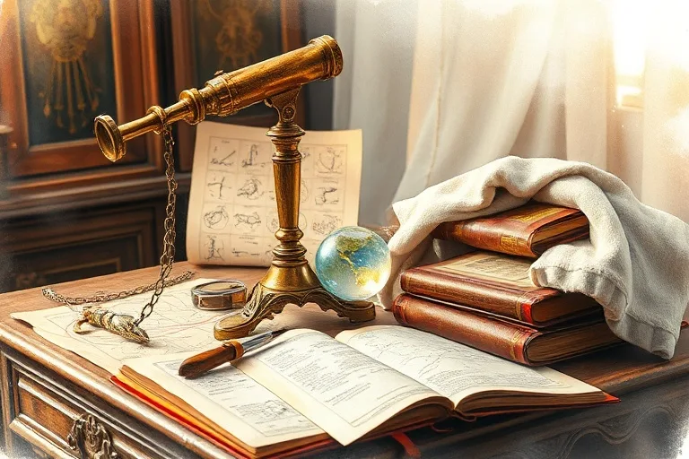 Antique telescope and pet items on a desk