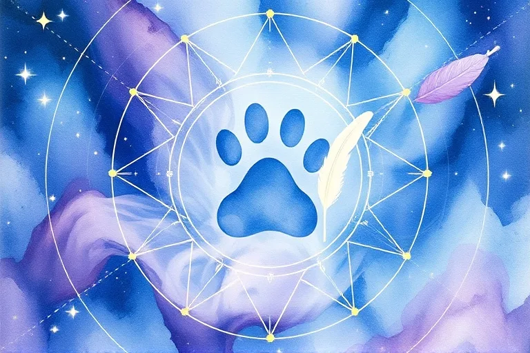 Abstract watercolor of energy lines, paw print, and feather